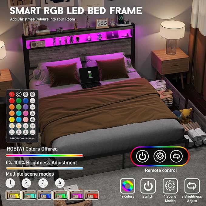 Queen Size Bed Frame with 4 Storage Drawers and Headboard with Charging Station and LED Lights,2 Tier Solid Wood Headboard Storage/Noise Free/No Box Spring Needed/Remote Control/Rustic Grey
