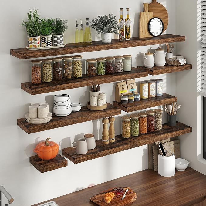 72 Inch Floating Shelves for Wall, 8 Inch Deep Floating Shelf for Storage & Display, Wall Mounted Shelf with Invisible Brackets for Living Room, Kitchen, Bathroom, Home Decor, Set of 2, Rustic Brown