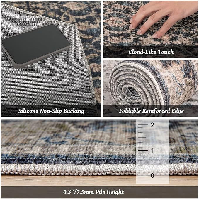 Washable 9x12 Area Rugs for Living Room, Boho Non-Slip Vintage Distress Lager Rugs for Bedroom Dining Room Nursery Office, 0.3" Neutral Oriental Throw Thin Carpet, Black/Brown/Blue/Multi