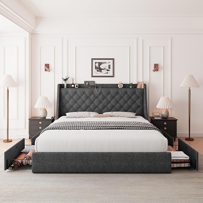 Feonase Upholstered Full Size Bed Frame with 4 Storage Drawers, Charging Station, Tufted Wingback Storage Headboard, No Box Spring Needed, Easy Assembly, Dark Grey