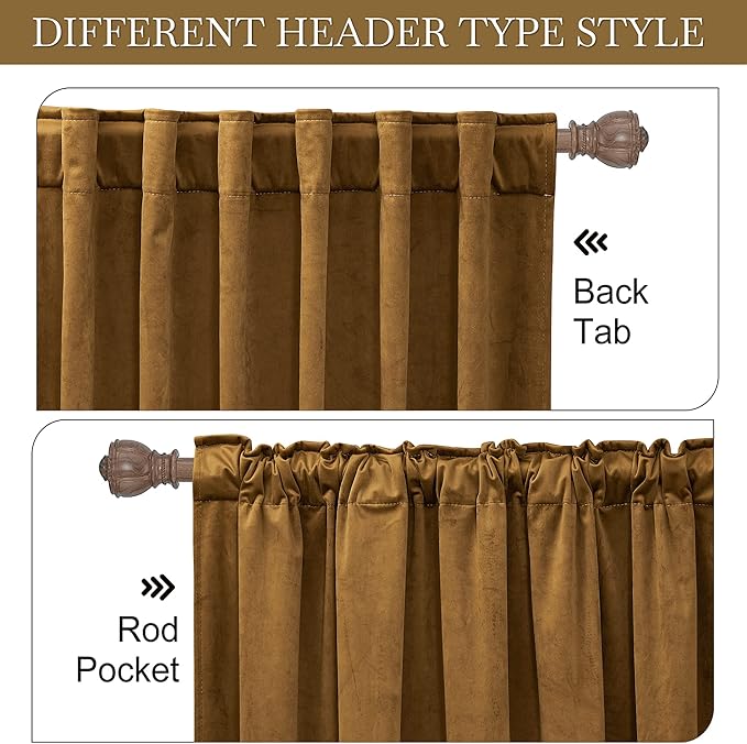RYB Home Velvet Curtains 108 inches, Soft Durable Drapes Room Darkening Privacy Window Treatment Farmhouse Decor for Living Room Sliding Glass Door, Golden Brown, W52 x L108 inches, Set of 2