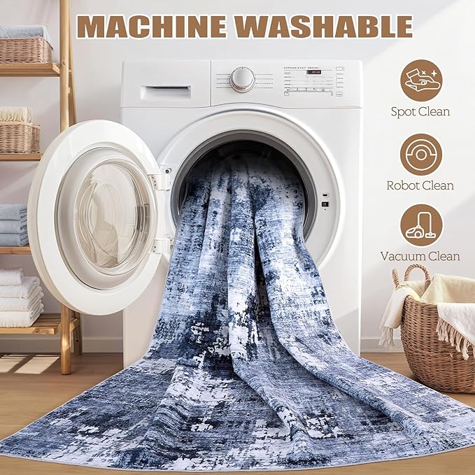 Area Rug Living Room Rugs - 5x7 Washable Large Soft Indoor Neutral Modern Abstract Low Pile Rug Carpet for Bedroom Dining Room Farmhouse Home Office - Navy Blue