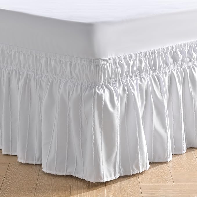 MIYE Striped Tufted Bed Skirt - Wrap Around Dust Ruffle with Elastic Belts - 12.5 Inch Drop Easy to Put On - Bedskirt Machine Washable ＆ Wrinkle Resistant(Striped/White, King/Queen-12.5" Drop)