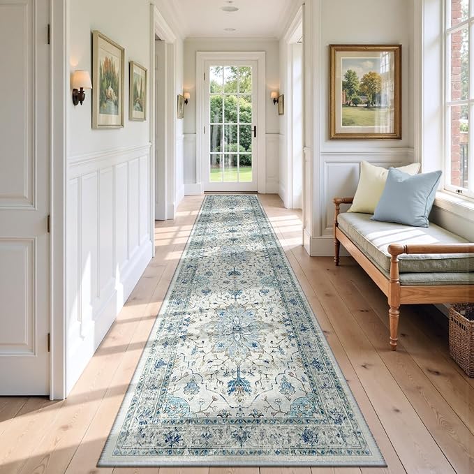 Area Rugs 2'x9' Washable Non-Slip, Floral Vintage Distress Print Pattern Medallion Carpet for Living Room Bedroom Dining Room, Light Blue Navy Beige Gray White