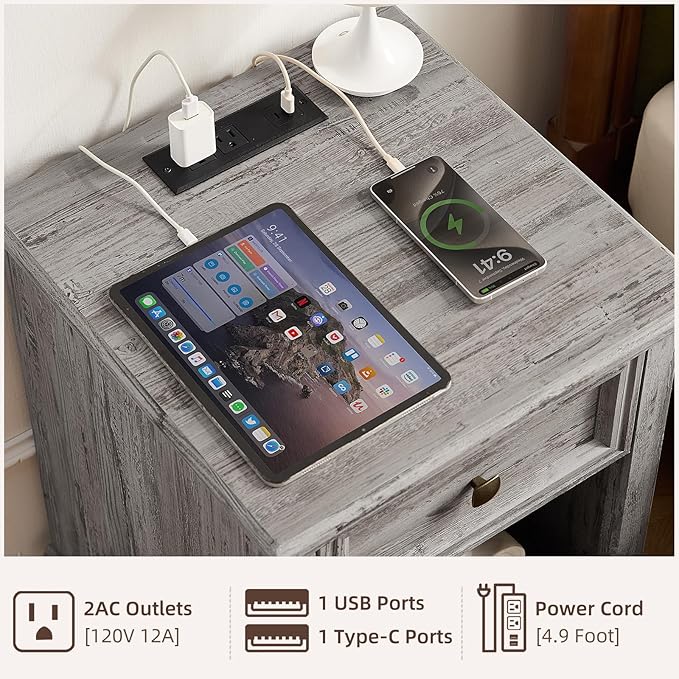 SAVOR LIFE Farmhouse End Tables Living Room with Drawer, Rustic Wood Nightstand with Charging Station, Bedside Table with Open Shelf for Bed Room, Living Room, Grey