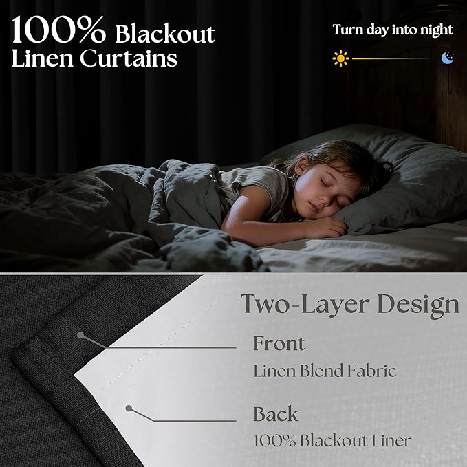 Pinch Pleated Blackout Curtains 102 Inches Long for Bedroom 100% Black Out Thick Linen Dual Layer Pinch Pleat Drapes with Back Tab Farmhouse Modern Black 102 Inch Curtain for Dining Living Room