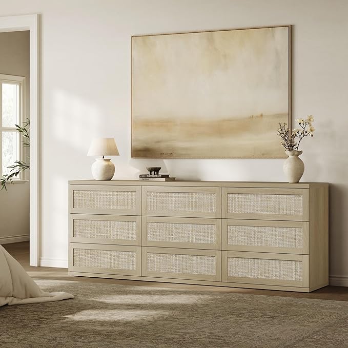 SICOTAS Dresser for Bedroom - 31" Tall Rattan Dresser with 3 Drawers Boho Dressers & Chests of Drawers Dressers for Bedroom Deep Bedside Table Clothes Closet Storage for Closet Hallway Entryway
