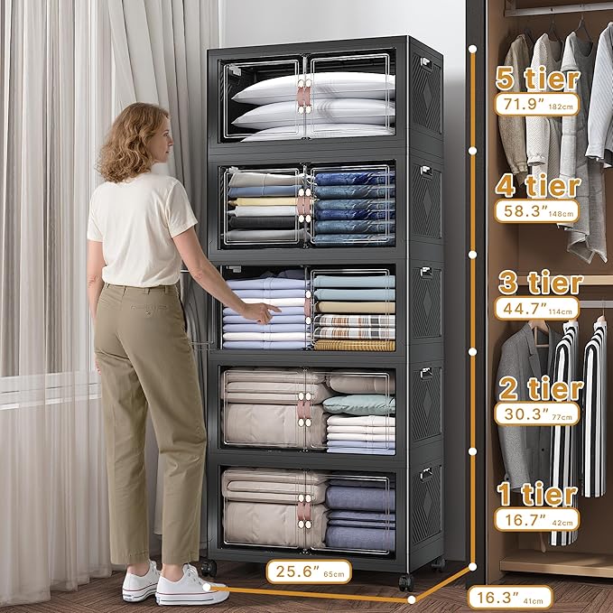 Extra Large Stackable Storage Bins with Lids&Wheels,625QT-125QT/32GAL*5Pack Collapsible Container Closet Organizers,Plastic Stackable Storage drawers for bedroom Dorm