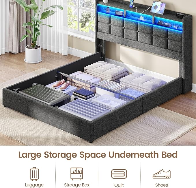 Lift Up Queen Bed Frame with Storage, Upholstered Bed Frame Queen Size with LED Lights Headboard and Charging Station, No Box Spring Needed, Easy Assembly - Dark Grey
