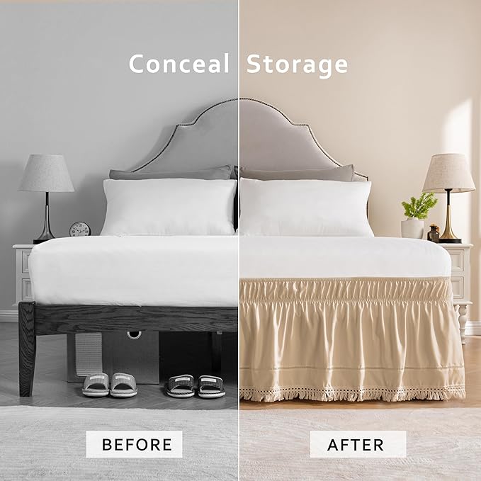 MIYE Wrap Around Ruffled Lace Bed Skirt, Elastic Dust Ruffle with Adjustable Belts, Easy to Put On, Bed Frame Cover, Machine Washable (Tassel Ruffle/Beige, King/Queen-12.5" Drop)