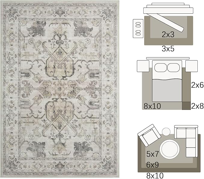 jinchan 5x7 Area Rugs Machine Washable Vintage Floral Throw Rug for Living Room Soft Ultra-Thin Low Pile Non-Slip Carpet for Kitchen, Bedroom, Dining Room, Nursery (5x7ft, Taupe)