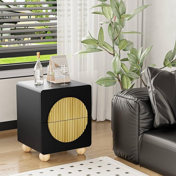 23" Black Nightstand with Solid Wood Legs Set of 2, Modern Style Fluted Bedside Table with Round Moon Handle & Storage, Mid Century Night Stand for Bedroom, Side Table, End Table