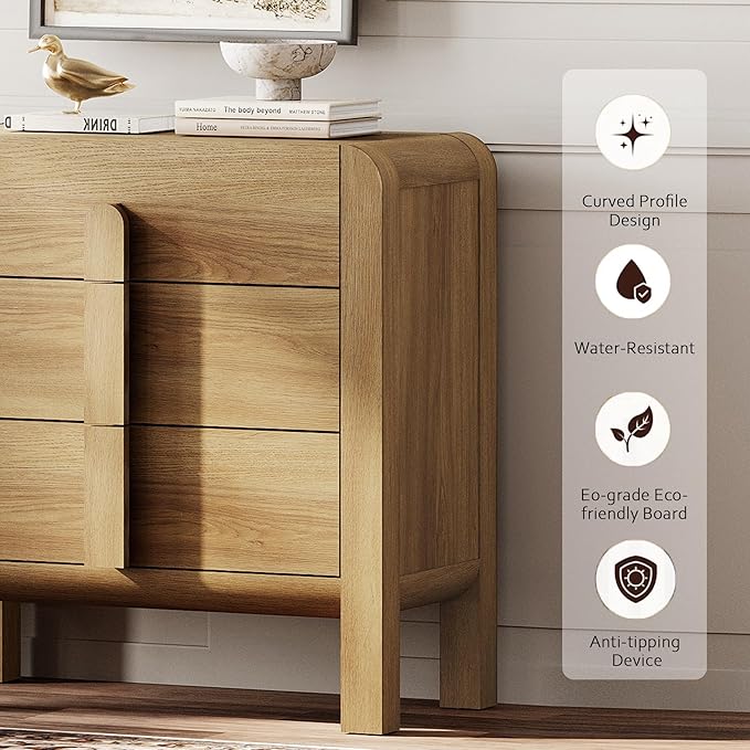 WAMPAT 3 Drawer Dresser for Bedroom, 31.5" Wide Mid Century Modern Wide Chest of Drawer, Wood Tall Nightstand with Curved Edge Handles, Closet Dresser TV Stand for Bedroom, Light Walnut