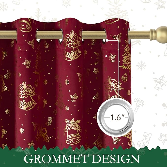 NICETOWN 2 Panels Christmas Grommet Pocket Curtains 52 x 95 Inch, Gold Stamped Holiday Window Drapes for Xmas Decorations, Festive Room Darkening Curtain Set for Living Room Bedroom, Seasonal Style