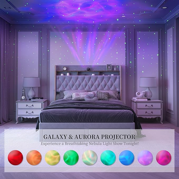 King LED Bed Frame with Storage Drawers, Velvet Upholstered Platform Beds with Galaxy Star Projector Charging Station Speaker, Aurora Bedframe with 2-Tier Storage Headboard, Noise-Free, Grey