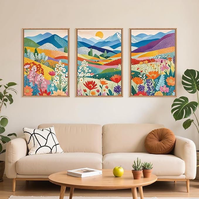 LHIUEM Large Abstract Mountain Flower Framed Canvas Wall Art,Colorful Watercolor Boho Wall Decor,Nature Floral Tree Wall Painting,Bohemian Artwork for Living Room,Bedroom,Dining Room,Office -16"x24"x3