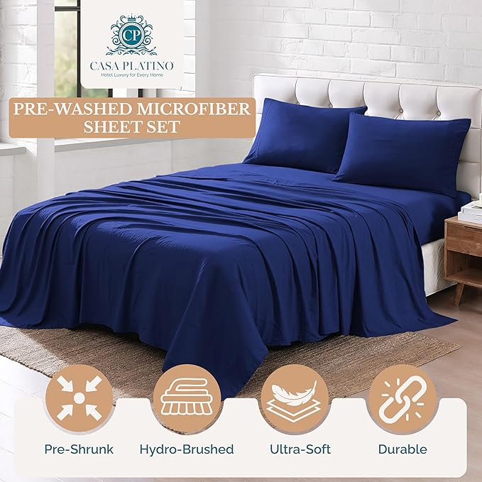 Casa Platino Twin XL Pre Washed Twin XL Sheet Set - Ultra Soft & Breathable Bed Sheets, Brushed Microfiber, Fade Resistant, Twin XL Size Bed Sheet Set with Deep Pockets - Navy Blue