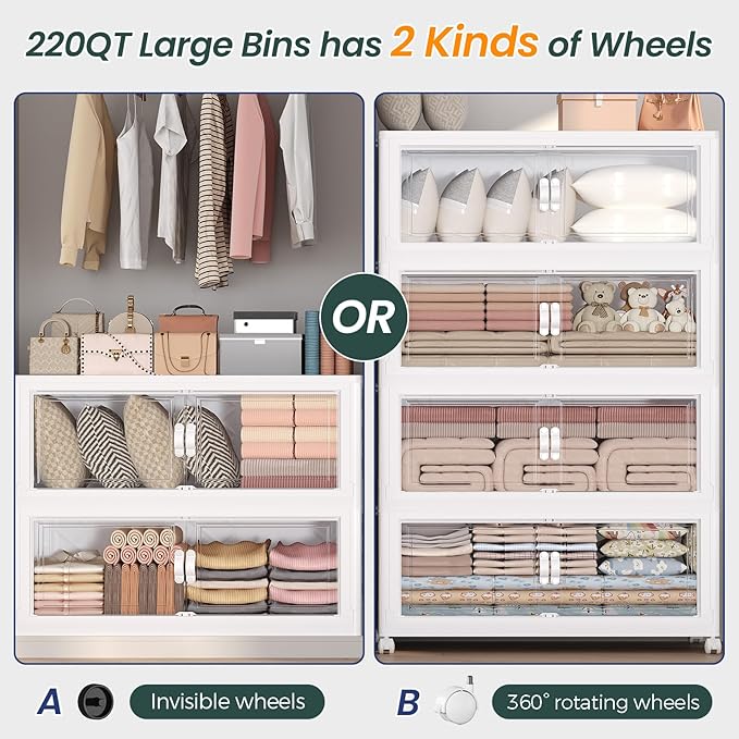 220Gal Stackable Storage Bins with Lid, 880Qt Extra Large Collapsible Storage Box with Doors and Wheels, Plastic Closet Organizer and Storage Cabinet Drawer For Home Kitchen, 4Pack White