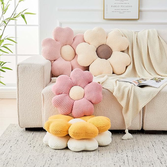 Kcvvcr Flower Throw Pillow, Cute Flower Shaped Pillow Decorative Throw Pillow for Bed Couch, Soft Daisy Pillows Floor Seating Cushion Cushions (19.6 Inch Ivory+Pink)