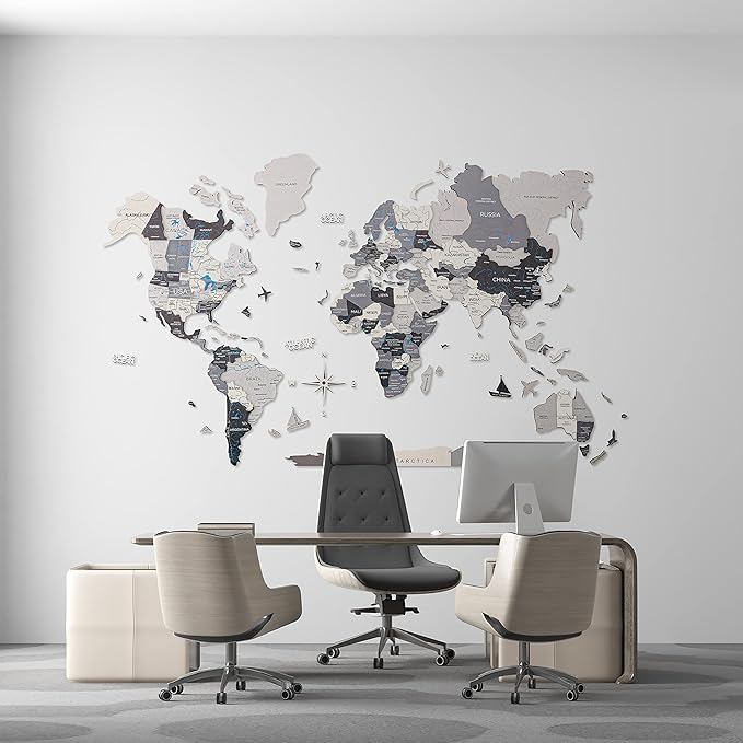 Handmade 3D Wood World Map Wall Art Large Wall Decor Track Your World Travels - Special for Home, Kitchen and Office (X-Large, Nordik)