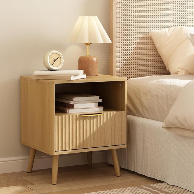 CARPETNAL Fluted Nightstand, Oak Bedside Table with Drawer and Storage Shelf, Wood End Table Mid Century Night Stands for Bedroom Living Room