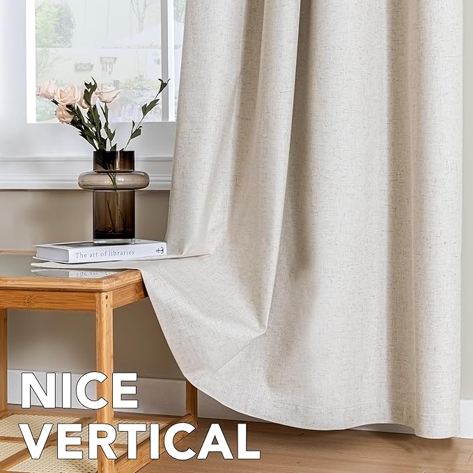 H.VERSAILTEX Linen Curtains 100% Blackout Curtains for Bedroom 54 inch Long Full Light Blocking Nature Linen Blended Window Curtains for Living Room Nickel Grommet (2 Panels, Heathered Natural)
