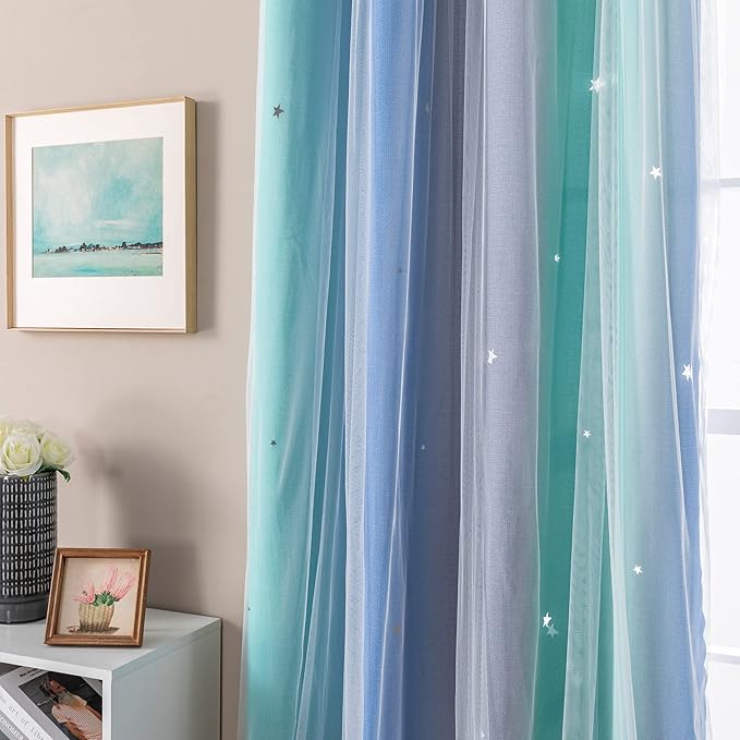 XiDi Curtains for Bedroom Decor, Rainbow BluGrenGrey-52-54