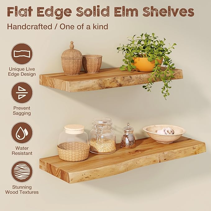 fuqing Live Edge Floating Shelves for Wall 72 inch, 8 Inch Deep Solid Elm Wood Floating Wall Shelves - Rustic Wooden Shelves with Invisible Brackets for Living Room Bedroom Kitchen, 1 Pack, Natural