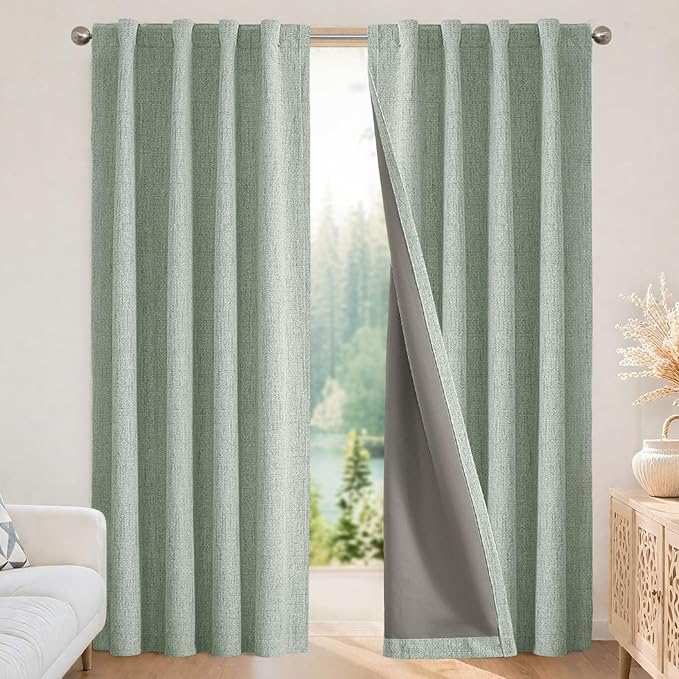 Joydeco Blackout Curtains for Bedroom - 63 Inch Long 100% Light Blocking 2 Panels Sage Green Drapes, Thermal Insulated Room Darkening Curtains, Linen Textured for Living Room, Rod Pocket & Back Tabs