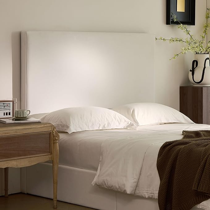 Queen Size Upholstered Bed Frame, 52" High Headboard Wingback Bedframe, Lucas Tall Headboard Floor Platform Beds, No Box Spring Needed No Noise/Minimalist/Coconut Micro Suede, White