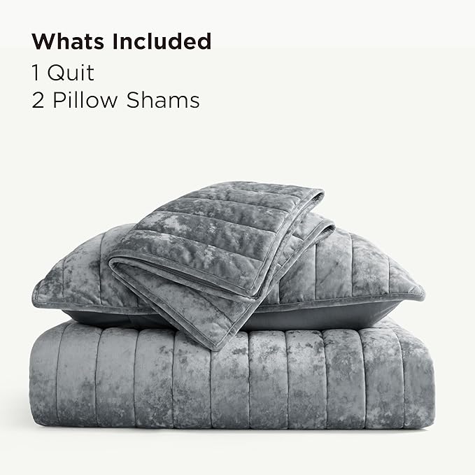 Bedsure Velvet Quilt Queen Size Set - Lightweight Velvet Comforter Queen, Luxury Bedspread Coverlet, Ultra-Soft Winter Bedding Set with 2 Pillow Shams, 90"x96", Sliver Gray