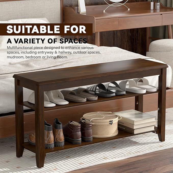 Shoe Rack Bench with Rubberwood Flat Top and 3 Adjustable Shelves – Wooden Shoe Rack for Entryway, Hallway, Mudroom, Front Door, or Small Spaces