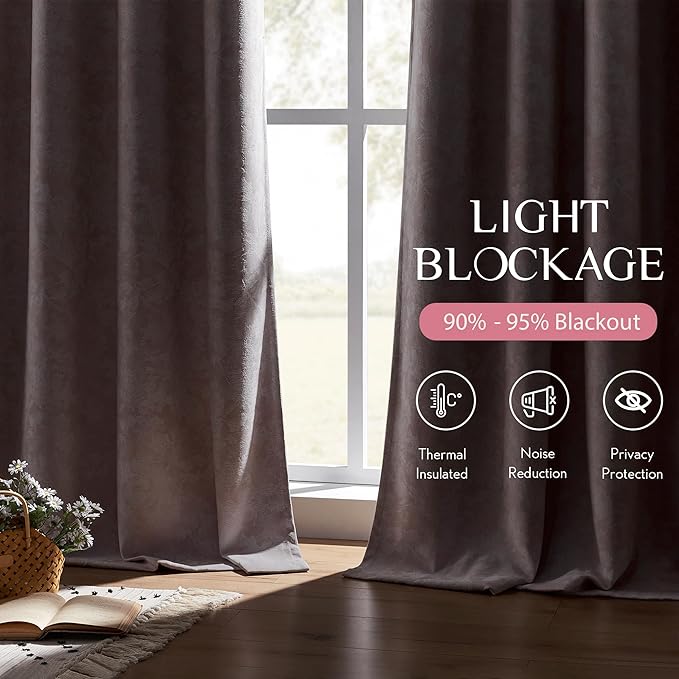 Beauoop Pink Floral Jacquard Blackout Curtains 96 Inches Long 2 Panels for Bedroom Living Room Chenille Flower Room Darkening Thermal Insulated Soundproof Grommet Window Treatments Drapes, 52x96