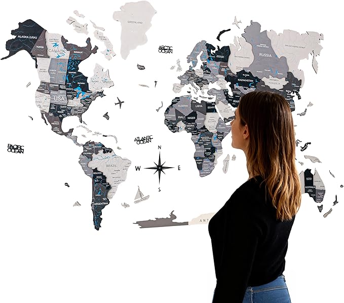Handmade 3D Wood World Map Wall Art Large Wall Decor Track Your World Travels - Special for Home, Kitchen and Office (X-Large, Nordik)