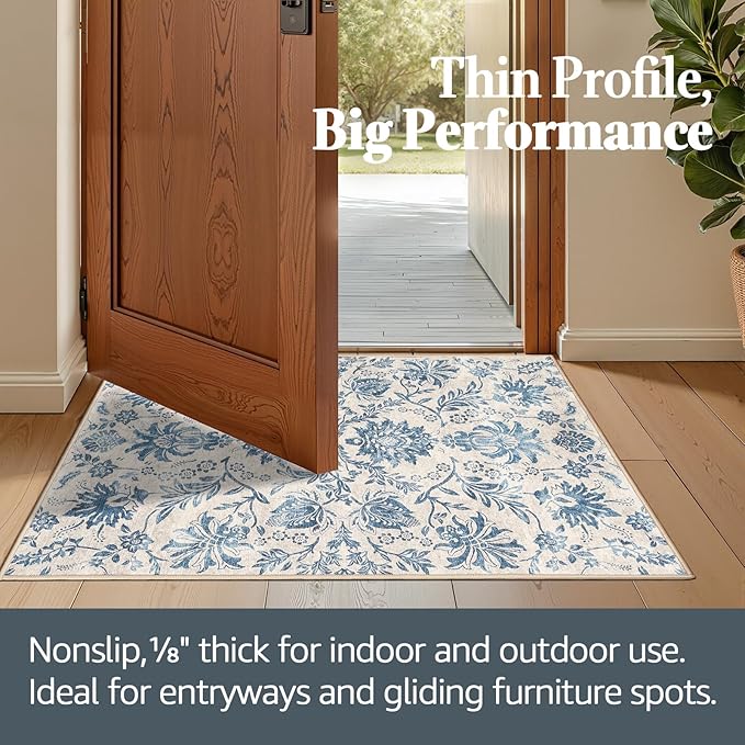 jinchan Torino Floral 8x10 Area Rugs, Vintage-Inspired Design Accent Living Room Rug, Machine Washable Ultra-Thin Low-Pile Non-Slip Traditional Carpet for Bedroom Dining Room Home Office, Dark Blue