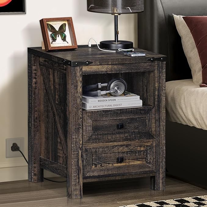 Joaxswe Nightstand with Charging Station and USB Port, Farmhouse Side End Table with 2 Drawers and Shelf Storage, Wooden Sofa Table, Bedside Cabinet for Bedroom, Living Room, Closet, Office (Dark Oak)