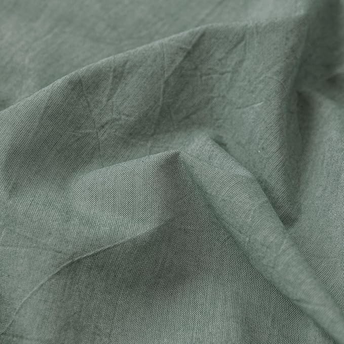 MooMee Fitted Bottom Sheet Only 100% Washed Cotton Linen Like Textured Breathable Durable Soft Comfy Deep Pocket Fits Mattress up to 17" (Heathered Green, Queen)