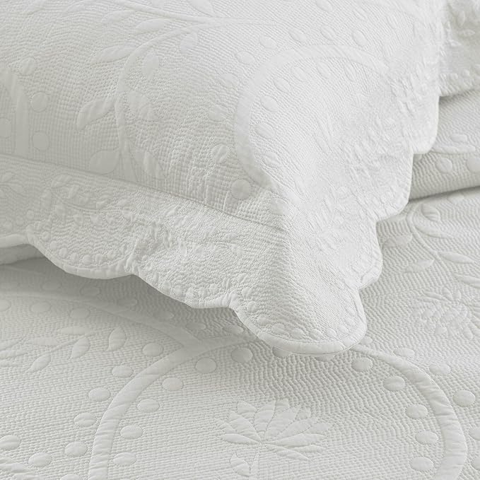 MarCielo 3-Piece 100% Cotton Oversized Bedspread Lightweight Quilt Coverlet Embroidery Farmhouse Bedding Set (TX Bright White, Oversized Queen (100"x106"))