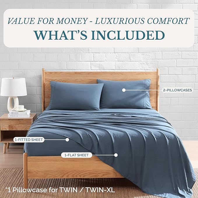Casa Platino Bedding Sheets & Pillowcases, 3 Piece Set, Pre-Washed Fade Resisitant Cozy Bedding Sets Twin XL - 100% Hydro-Brushed Microfiber - Twin XL Sheet fits up to 15 inch Mattress- Estate Blue