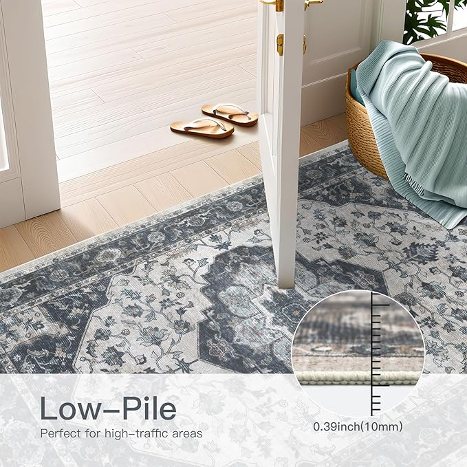 8x10 Vintage Washable Area Rug for Living Room,Low Pile Non Slip Carpet Non-Shedding Large Area Rug Soft Indoor Stain Resistant Rug Floral Print Mat for Bedroom Dining Room Blue Beige