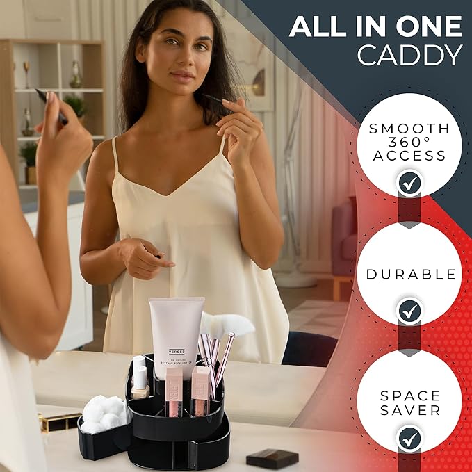 Masirs Small Rotating Makeup Organizer - Mini Yet Spacious Cosmetic Storage Solution with Multiple Compartments - The Perfect Spinning Make-Up Caddy for Vanity or Bathroom Counter (Square - Black)