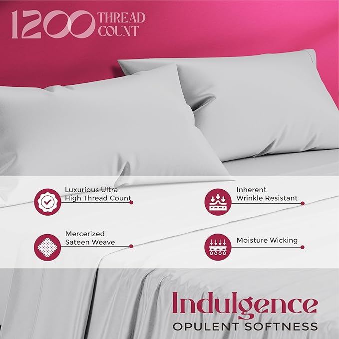 Mayfair Linen 100% Egyptian Cotton Sheets California King Size - 1200 Thread Count Cal King Size Sheets Set Egyptian Cotton, 4 PC Luxury Bedsheet (Light Grey), Soft, Cooling, 17" Deep Pocket Set