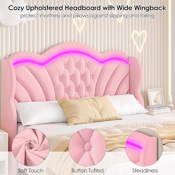 Keyluv Full Bed Frame with LED Lights and 2 Storage Drawers, Velvet Upholstered Platform with 47" Tall Arc-Shaped Wingback Headboard and Button Tufted Design, No Box Spring Needed, Noise-Free, Pink