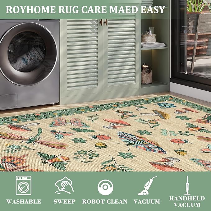 4x6 Rug Non-Slip Washable Carpet - Mushroom Soft Low-Pile Stain Resistant Rugs for Nursery Kitchen Bedroom Living Room Entryway Indoor Mat Khaki Green