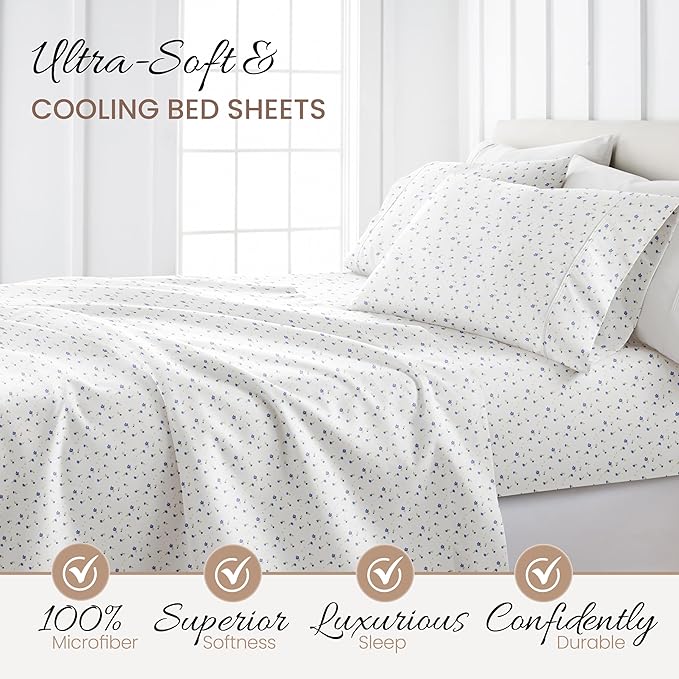 Linen Market Double-Brushed Patterned Microfiber Full Sheet Set 4 Piece – Oeko-TEX Certified Ultra Soft & Wrinkle-Free - 16" Deep Pocket Sheets - Easy Care Full Size - Soft Floral Light Blue