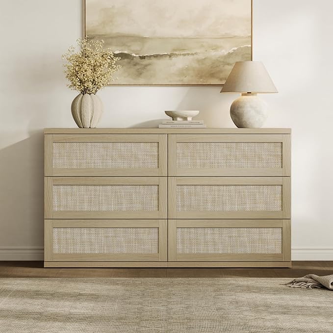 SICOTAS Dresser for Bedroom - 50" Wide 6 Drawer Dresser Rattan Dressers & Chests of Drawers Boho Drawers for Bedroom Bedside Table Clothes Large Closet Storage for Closet Hallway Entryway