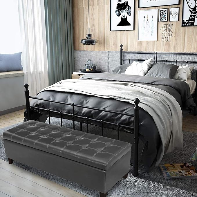 Joveco Storage Ottoman Bench, Tufted Leather 51 Inch Storage Bench for End of Bed Bedroom Living Room (51”, Dark Gray)