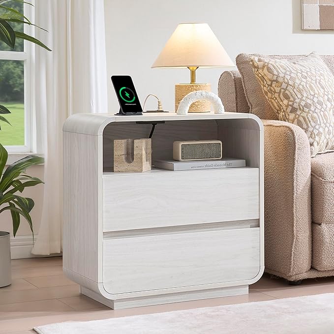 Farmhouse White Nightstand with Charging Station, 25" Tall Wood Bedside Table, Modern Night Stand with 2 Storage Drawers, Curved Profile, End Table for Bedroom, Dorm, Sofa, Office