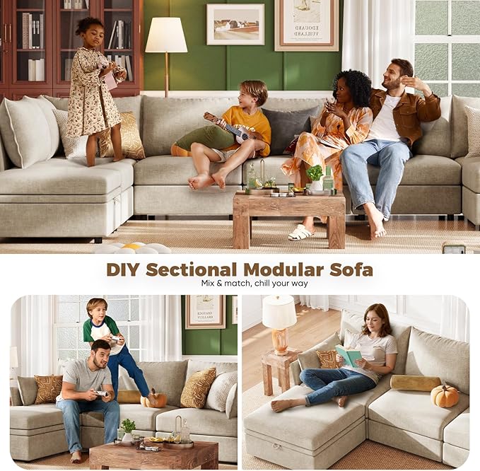 ABCASA 103.5" Oversized Modular Sectional Sofa, L Shaped Convertible Couch with Movable Ottoman, Large 6 Seat Corner Couches for Living Room Deep Seat- Beige Chenille