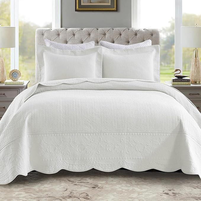 MarCielo 100% Cotton Quilt Set - 3-Piece Embroidered Farmhouse Bedspread & Shams, All-Season Breathable Bedding(TG Bright White,Queen)